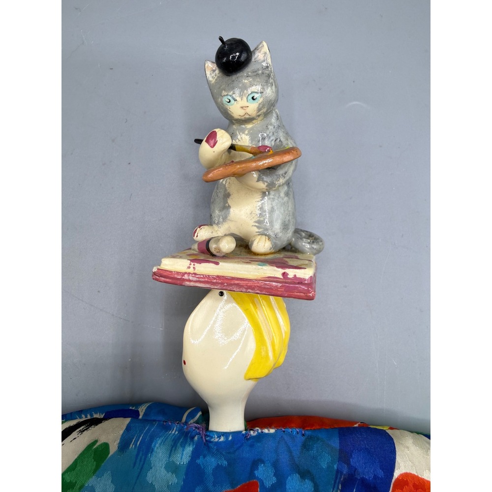 Vintage Art Doll Ceramic Cat Artist Painter Abstract Print Harlequin 12.5" - Picture 3 of 7